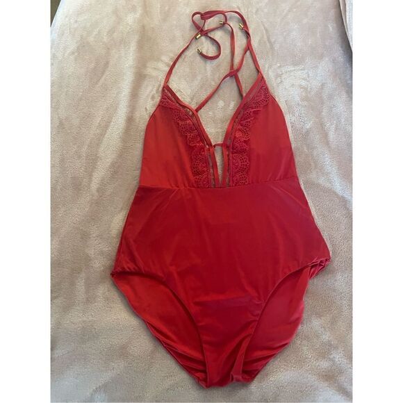 Laundry by Shelli Segal One Piece Lace Trim Red ( spice) Swimsuit Size M - Picture 3 of 13